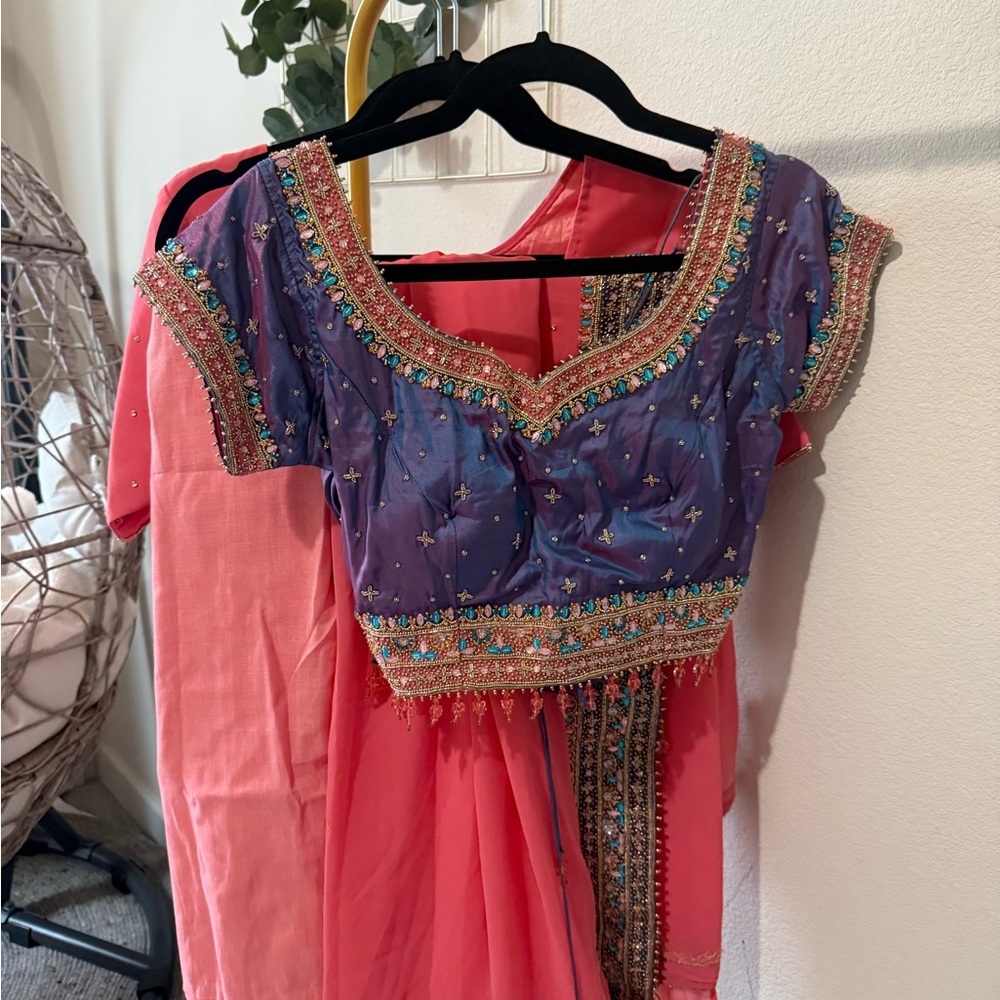 Vibrant Pink and Purple Embellished sari with two blouses